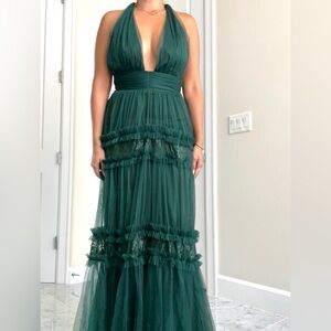 Women’s beautiful forest green long halter gown dress